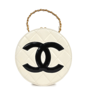Chanel Round Vanity Bag White and Black Patent Leather Antique Gold Hardware