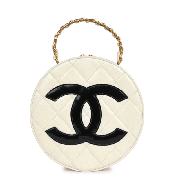 Chanel Round Vanity Bag White and Black Patent Leather Antique Gold Hardware