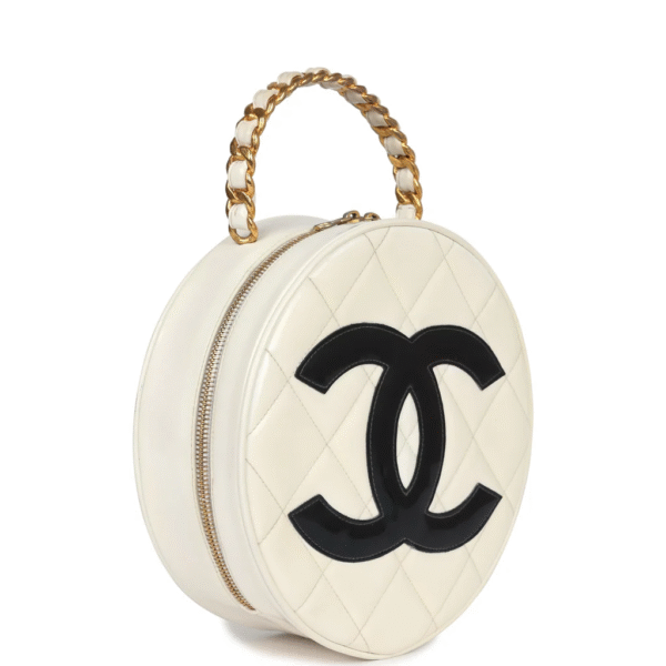 Chanel Round Vanity Bag White and Black Patent Leather Antique Gold Hardware - Image 2