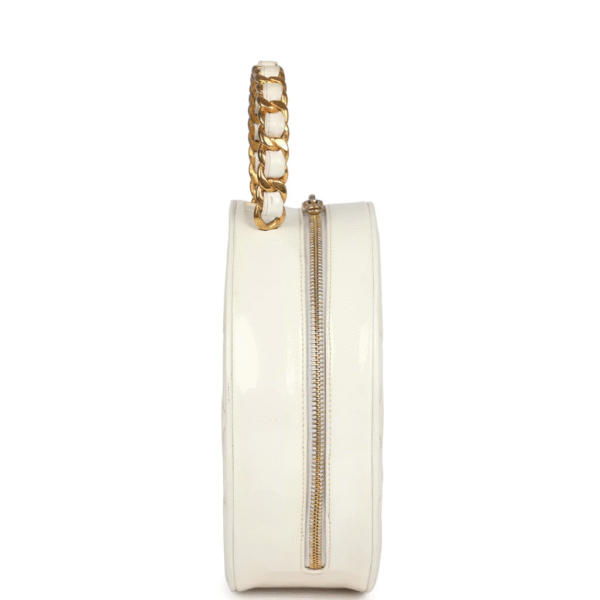 Chanel Round Vanity Bag White and Black Patent Leather Antique Gold Hardware - Image 4