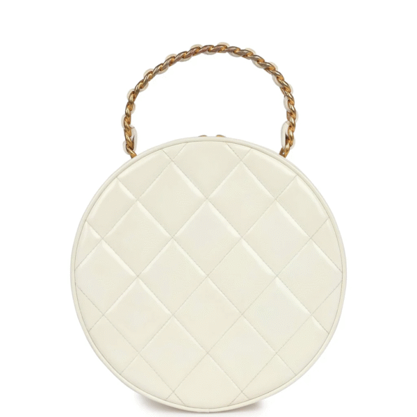 Chanel Round Vanity Bag White and Black Patent Leather Antique Gold Hardware - Image 3